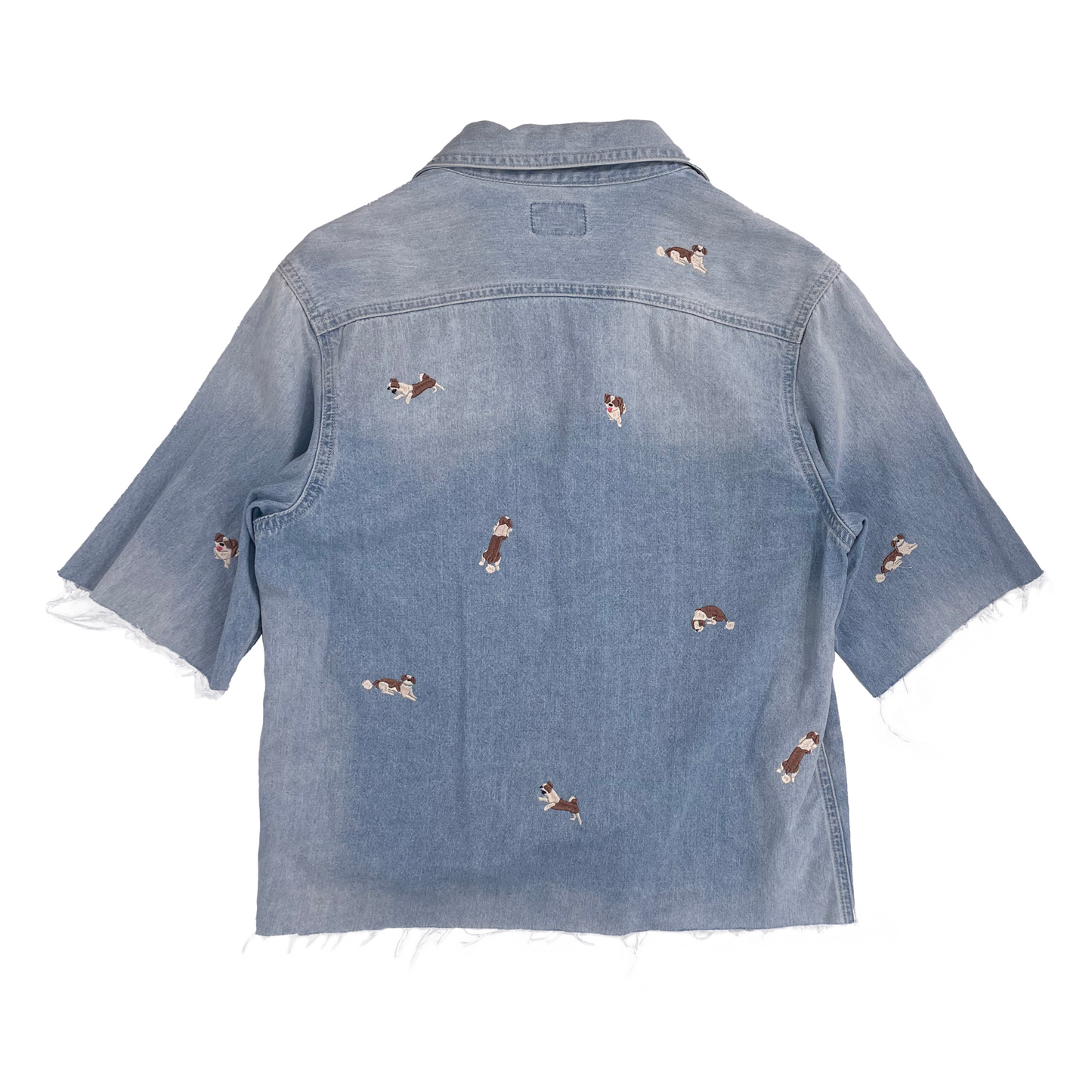 ☾ Shih Tzu Embroidery Cropped Cut off Denim Shirts ☾